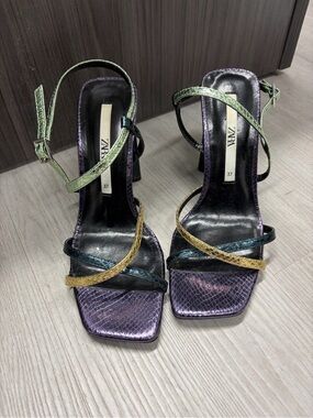 Zara Metallic Purple, Green & Gold Strappy Block Heel Sandals